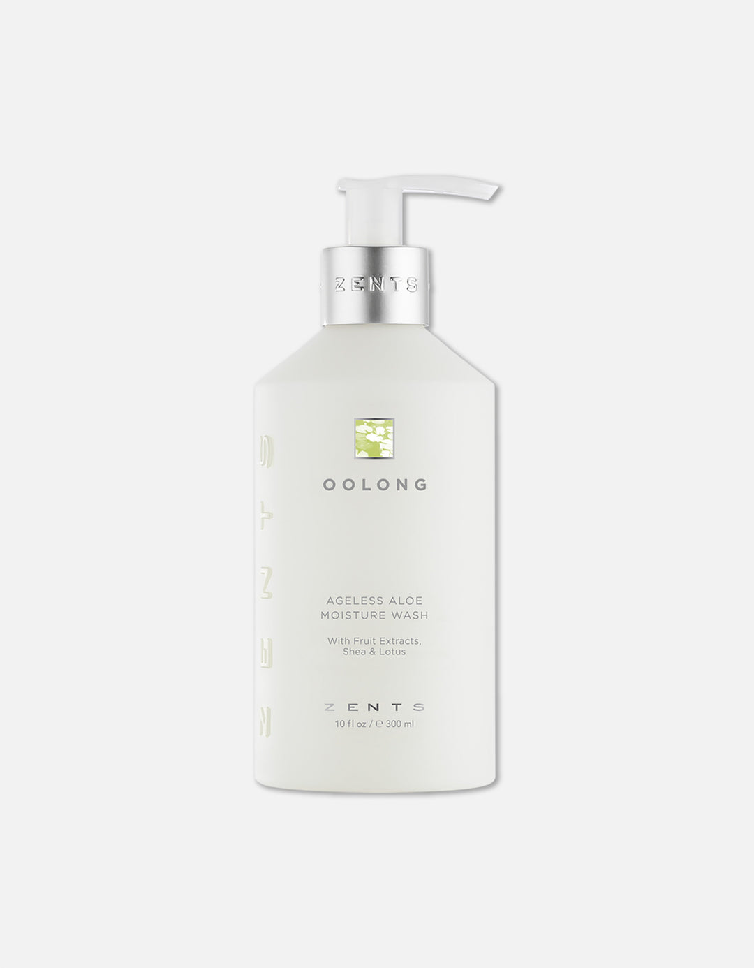 A pump bottle of Oolong Ageless Aloe Moisture Wash by Zents, a milky white liquid contained within, designed for hand and body moisturization.